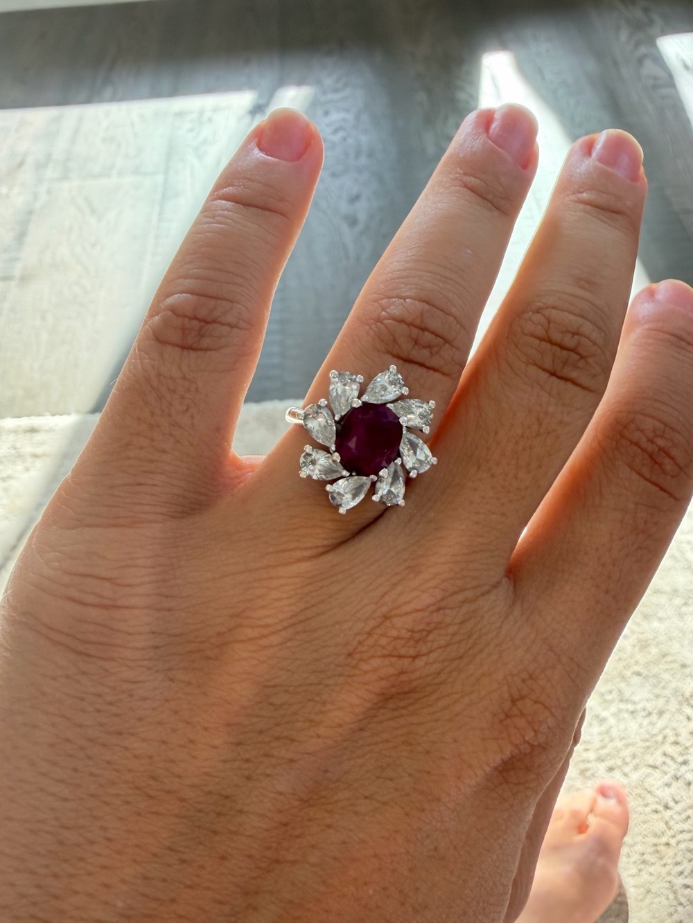 18K White Gold Floral Halo Ring with Tourmaline Center